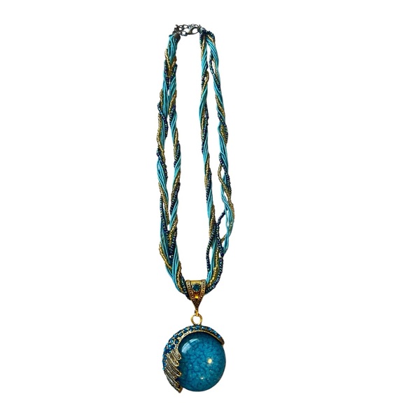 Jewelry - Bohemian Blue & Gold Resin Pendant Necklace with Rhinestone accents